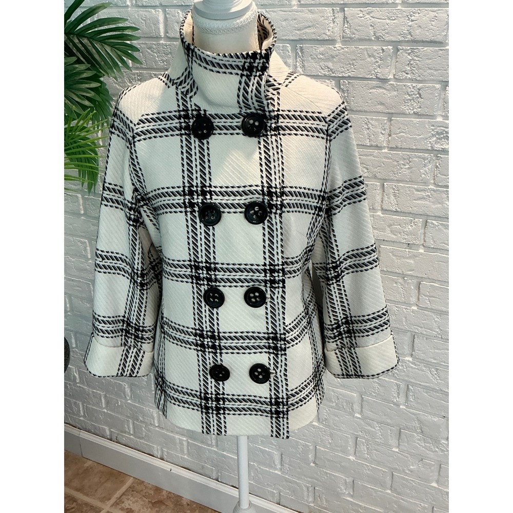 Express Design Studio Pea Coat Women 10 White Black Plaid Excellent Funnel Neck